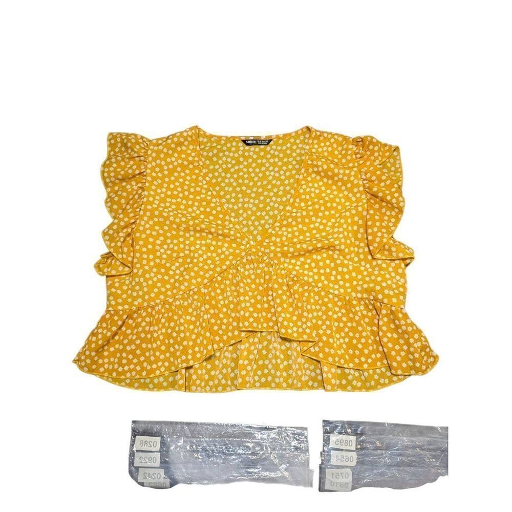 SHEIN Top Short Bell Sleeves V-Neck Blouse Buttons Yellow White Women's XL
